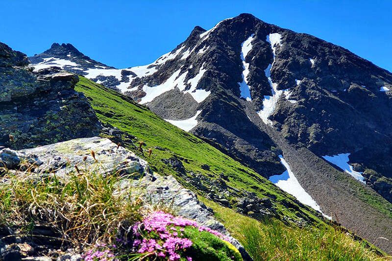  Mountain peaks with snow in the Tyrolean mountains